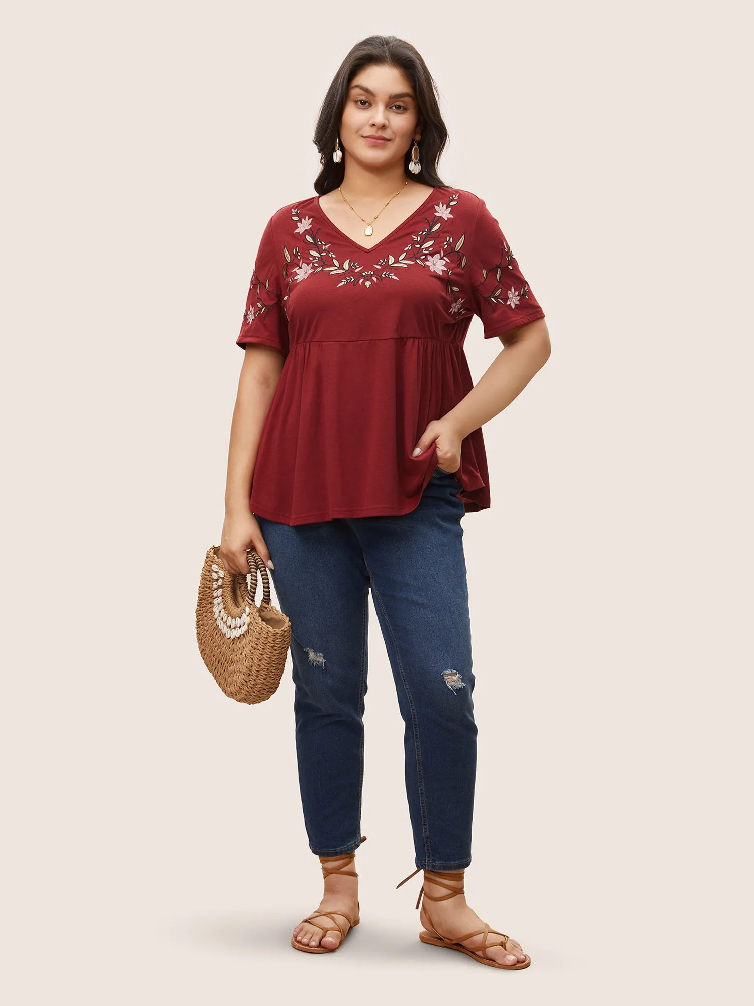 Floral Embroidered V Neck Gathered T-shirt sold by Bloomchic product image thumbnail 3