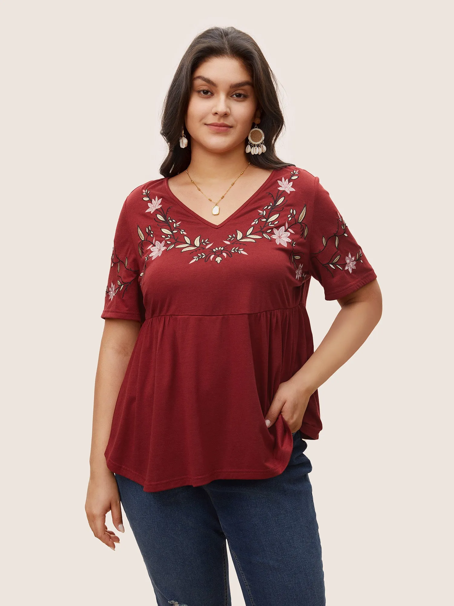 Floral Embroidered V Neck Gathered T-shirt sold by Bloomchic