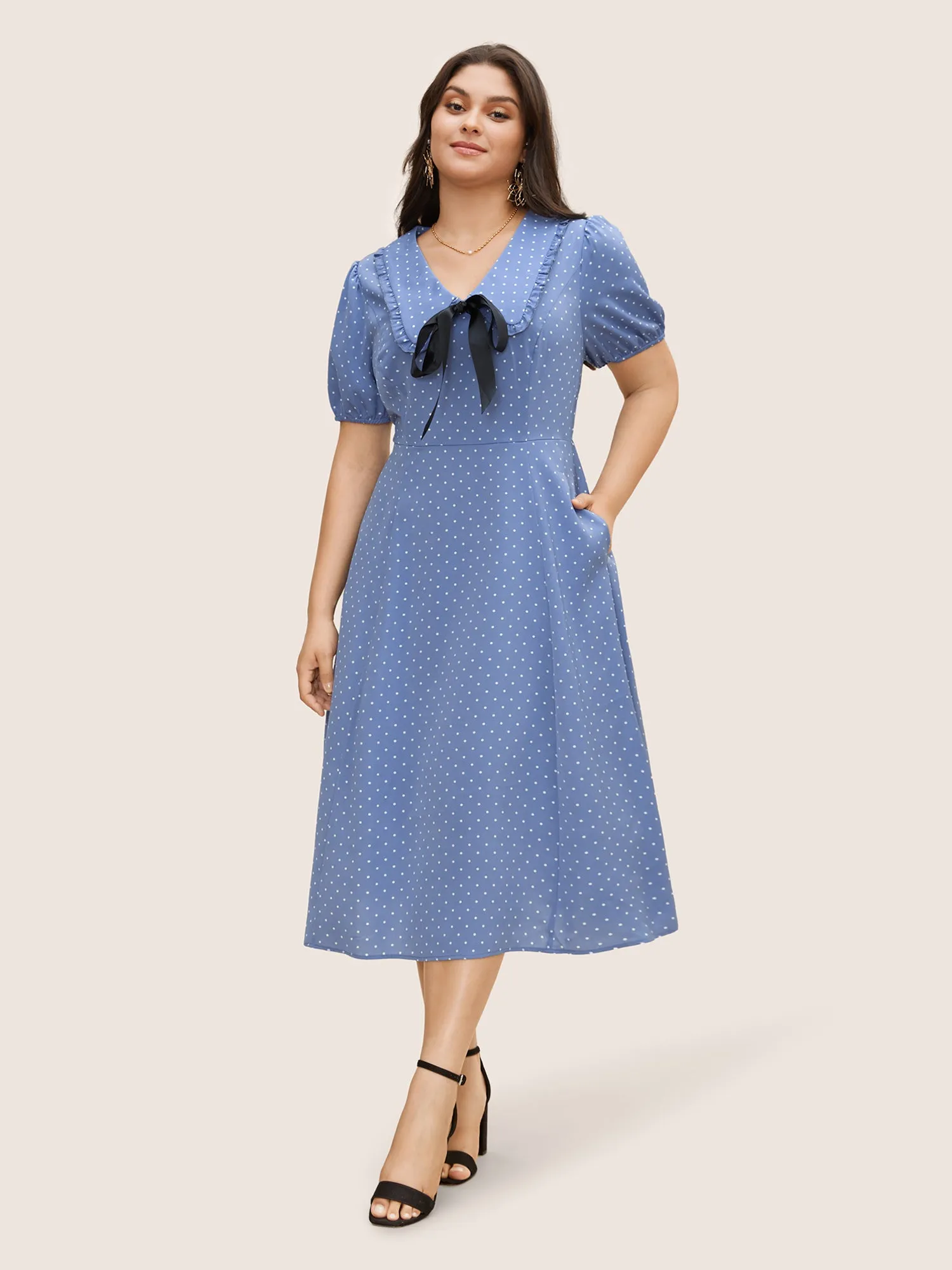 Collared Detachable Bow Midi Dress sold by Bloomchic product image thumbnail 2