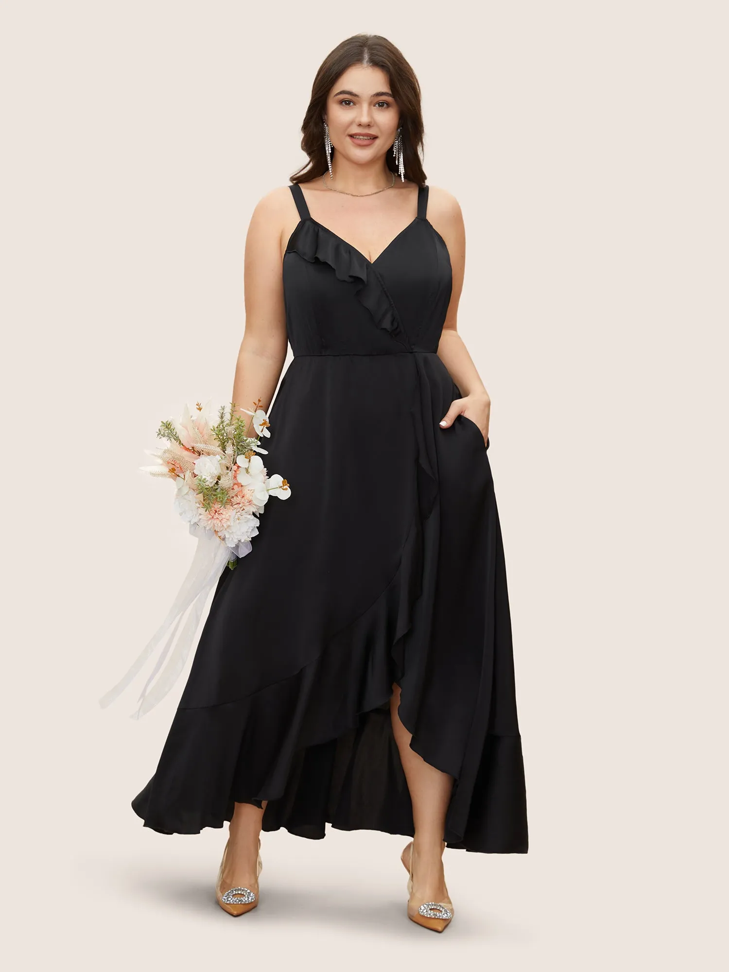 Satin Overlap Collar Ruffles Cami Dress sold by Bloomchic