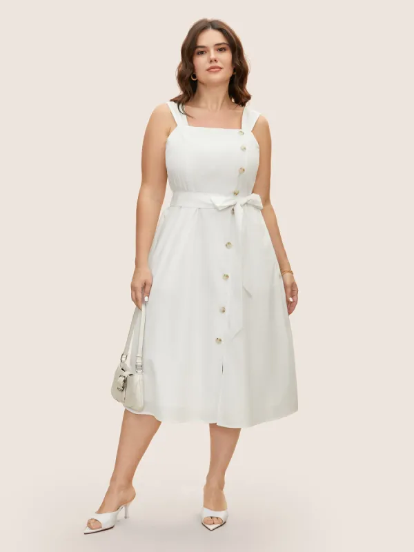 Square Neck Button Detail Split Hem Dress sold by Bloomchic