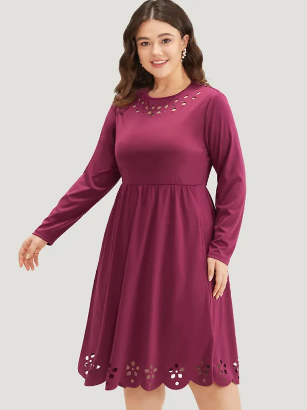 Plain Round Neck Laser Cut Gathered Dress sold by Bloomchic