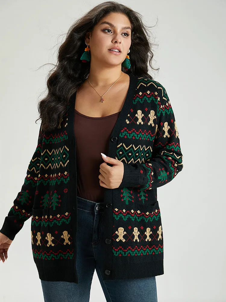 Christmas Trees & Gingerbread Man Print Pocket Cardigan sold by Bloomchic
