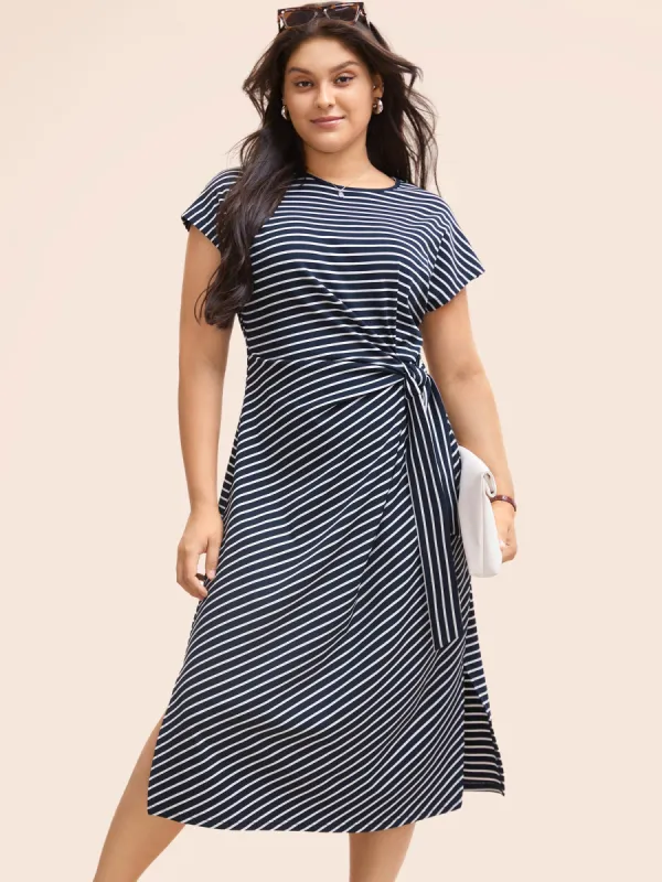 Striped Split Side Cap Sleeve Midi Dress sold by Bloomchic
