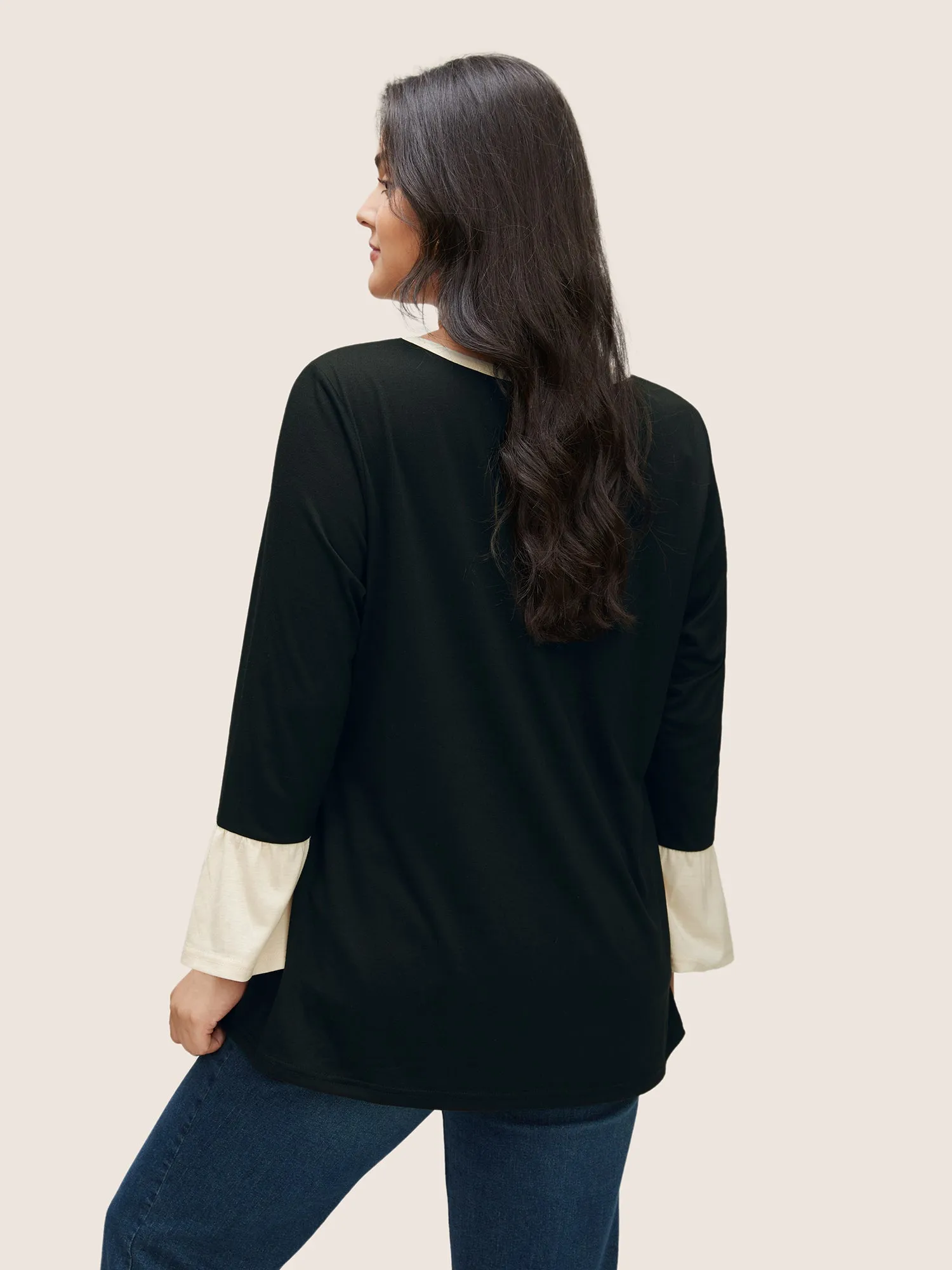 Contrast Patchwork Bell Sleeve T-shirt sold by Bloomchic product image thumbnail 2