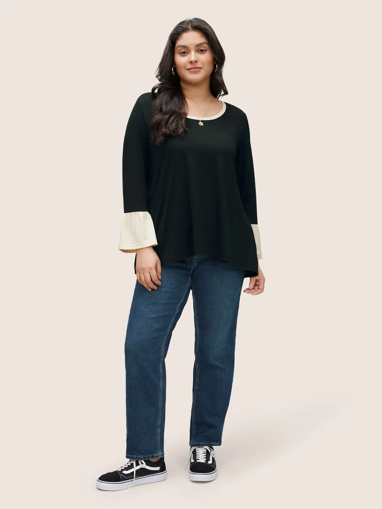 Contrast Patchwork Bell Sleeve T-shirt sold by Bloomchic product image thumbnail 3