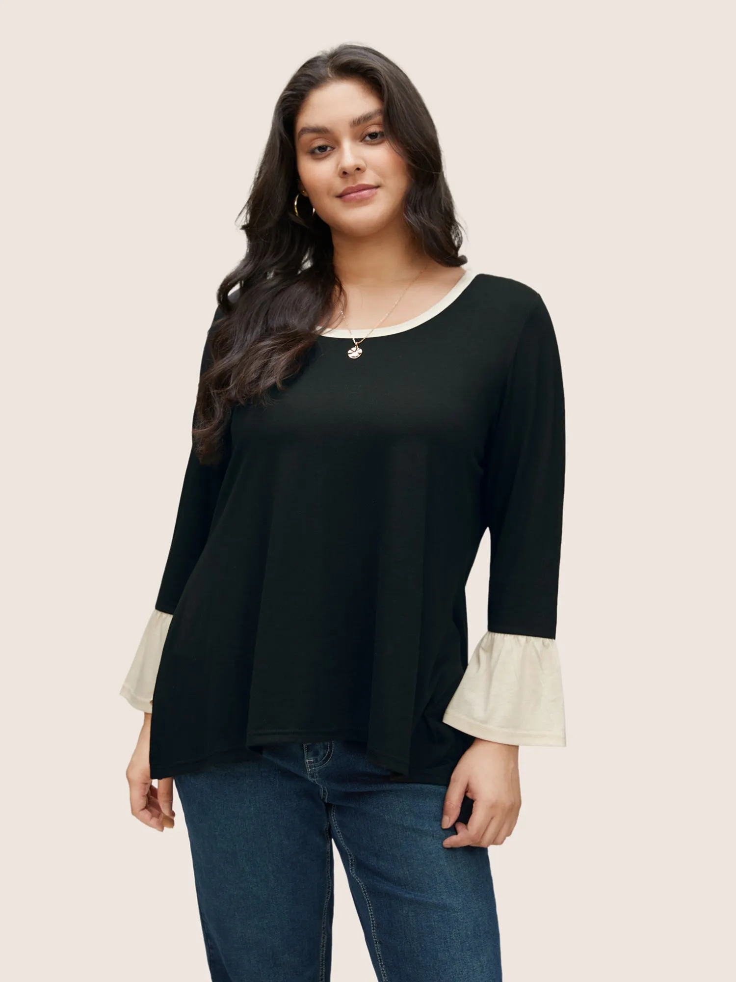 Contrast Patchwork Bell Sleeve T-shirt sold by Bloomchic