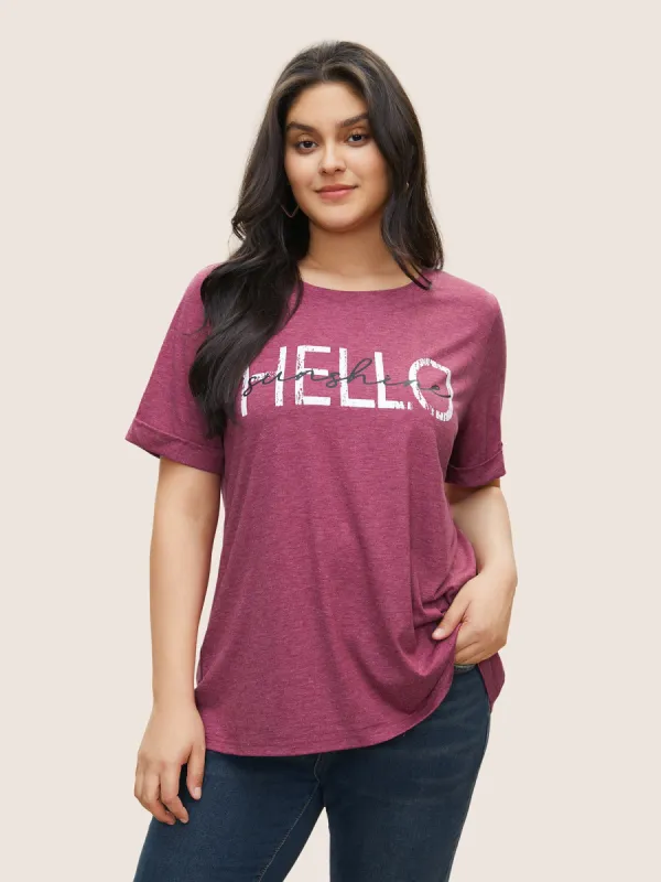Letter Print Round Neck Roll Sleeve T-shirt sold by Bloomchic