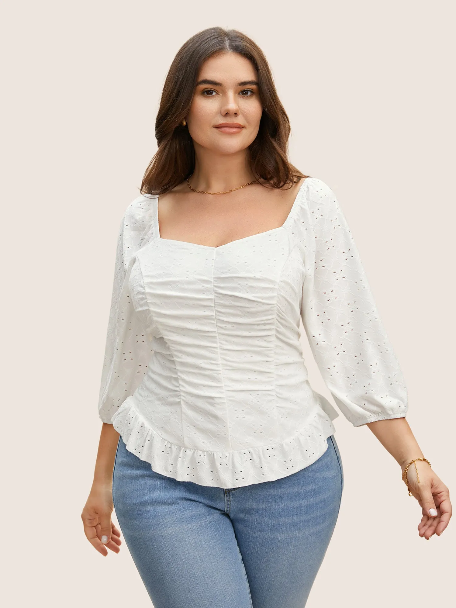 Broderie Anglaise Ruched Lantern Sleeve Blouse sold by Bloomchic product image thumbnail 3