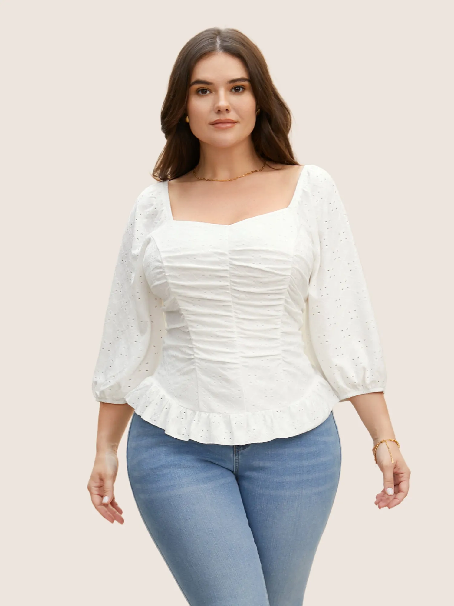 Broderie Anglaise Ruched Lantern Sleeve Blouse sold by Bloomchic