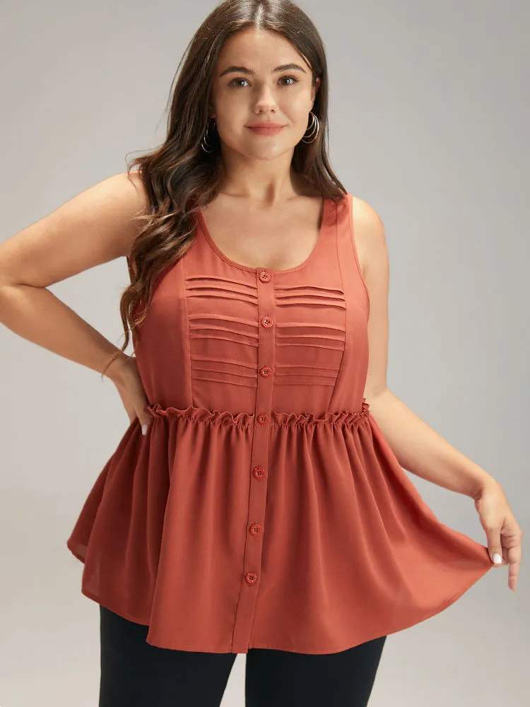 Solid Button Up Pleated Frill Trim Tank Top sold by Bloomchic
