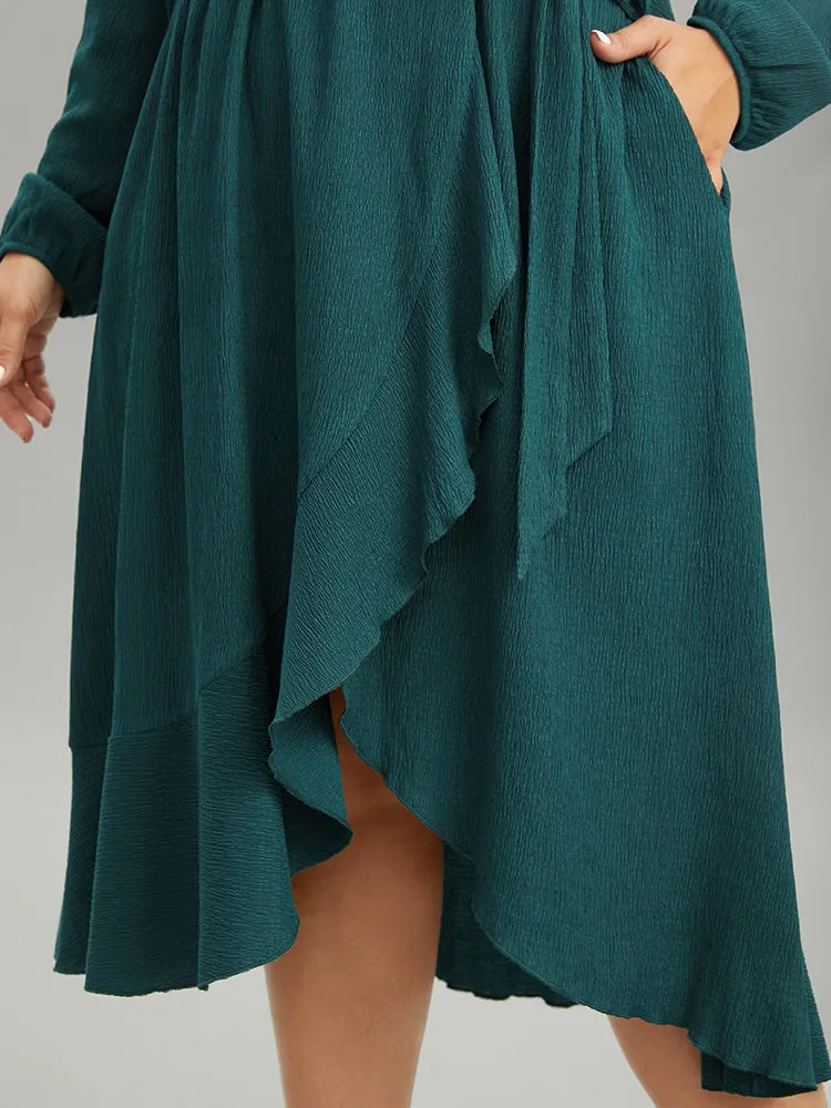 Plain Texture Belted Wrap Arc Hem Lantern Sleeve Dress sold by Bloomchic product image thumbnail 4