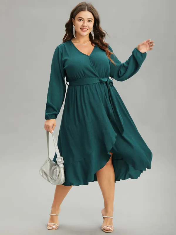 Plain Texture Belted Wrap Arc Hem Lantern Sleeve Dress sold by Bloomchic