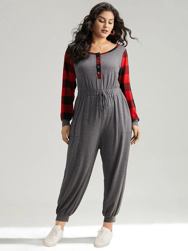 Plaid Patchwork Pocket Button Up Bowknot Jumpsuit sold by Bloomchic