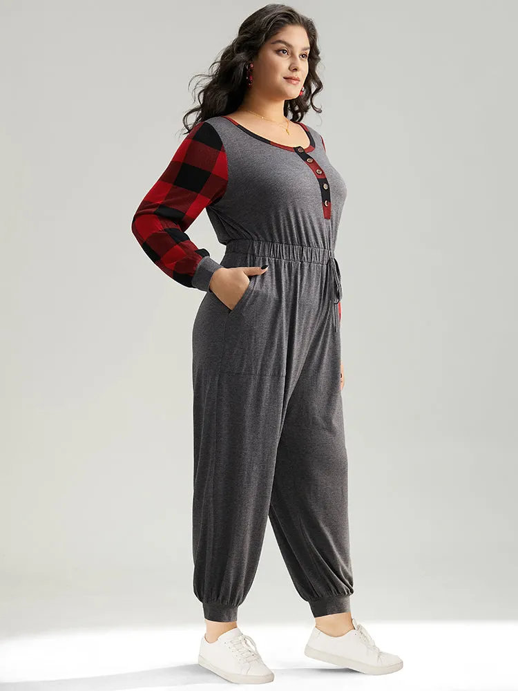 Plaid Patchwork Pocket Button Up Bowknot Jumpsuit sold by Bloomchic product image thumbnail 3