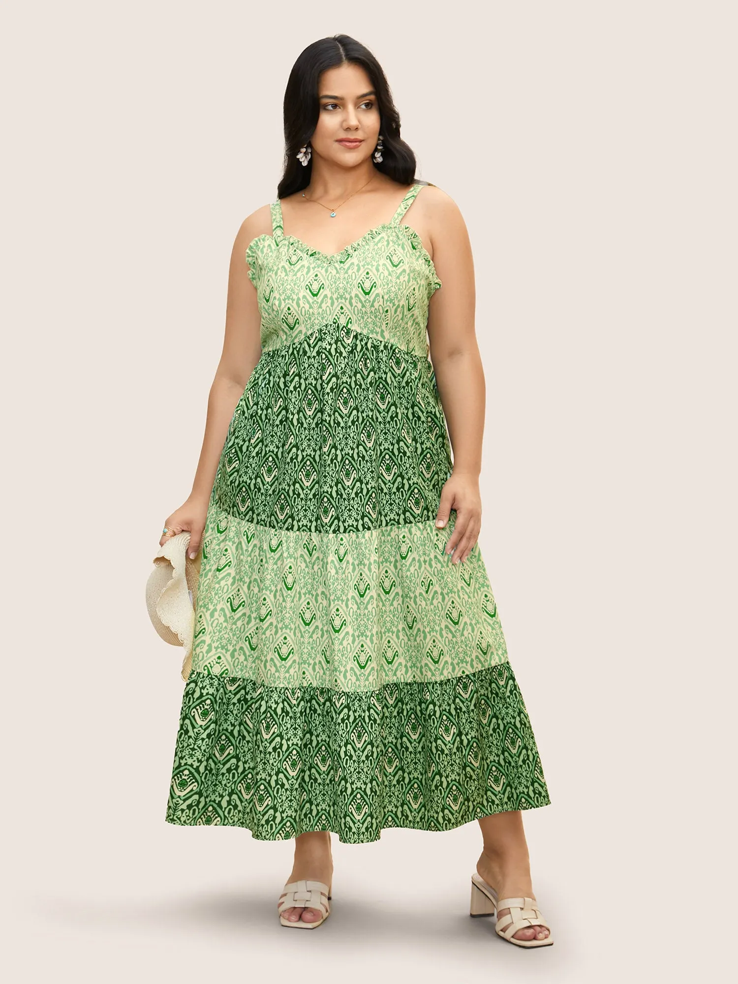 Boho Print Frill Trim Ruffle Layered Hem Dress sold by Bloomchic