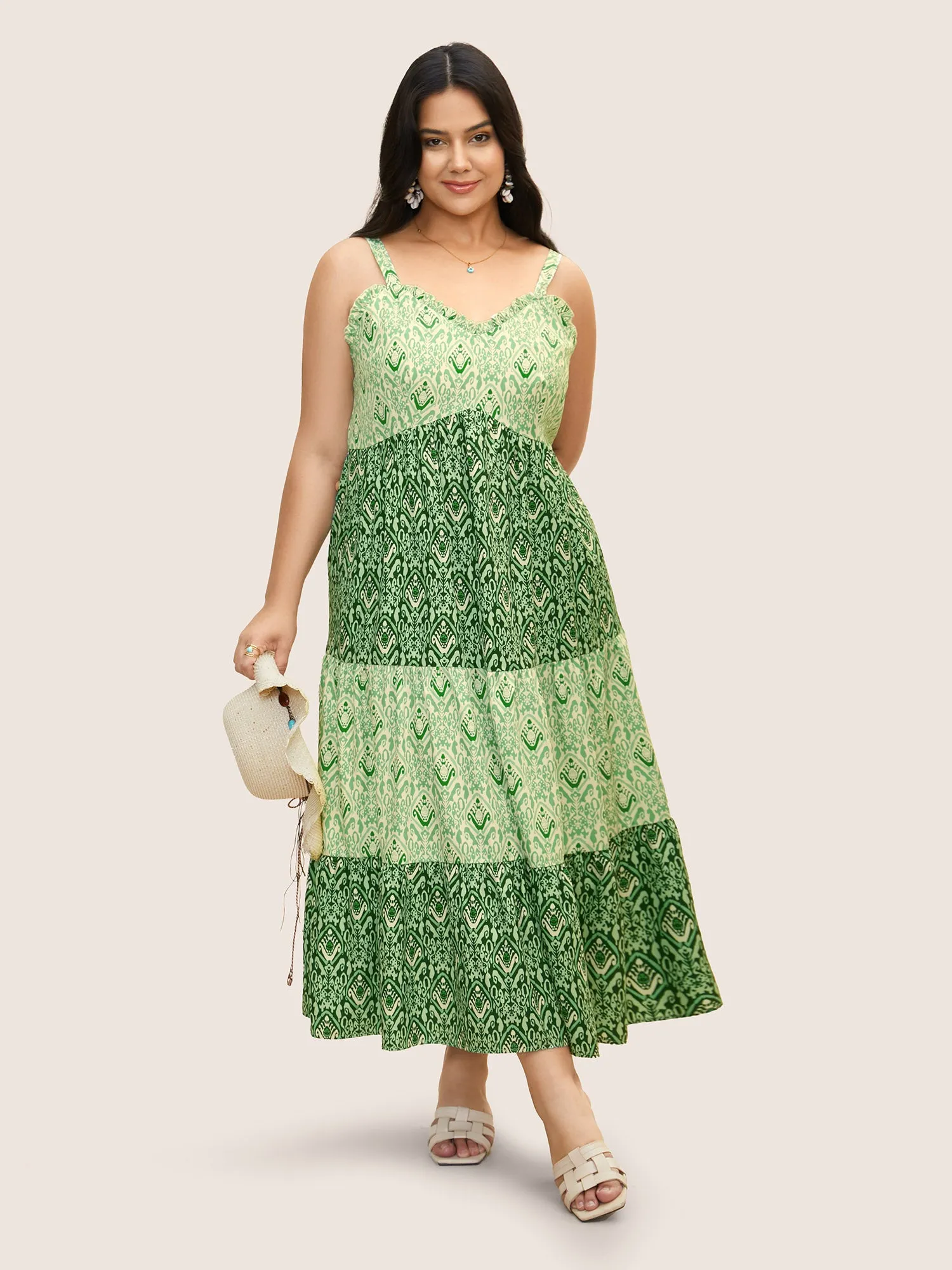 Boho Print Frill Trim Ruffle Layered Hem Dress sold by Bloomchic product image thumbnail 3