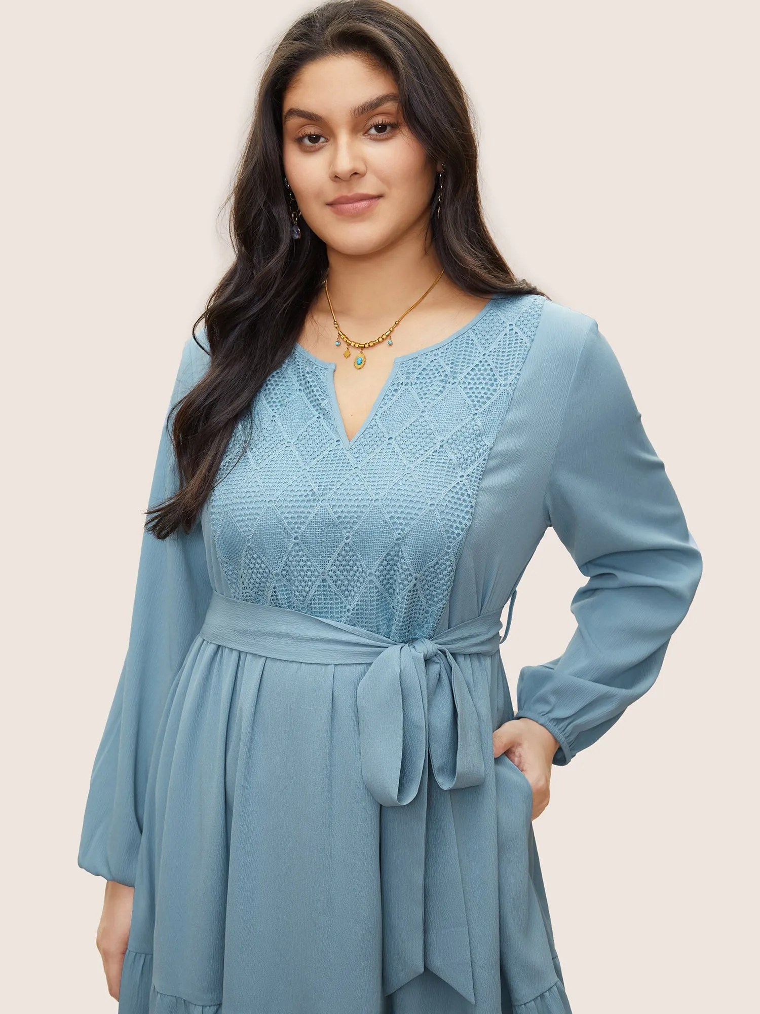 Geometric Hollow Out Notched Ruffle Layered Hem Dress sold by Bloomchic product image thumbnail 2