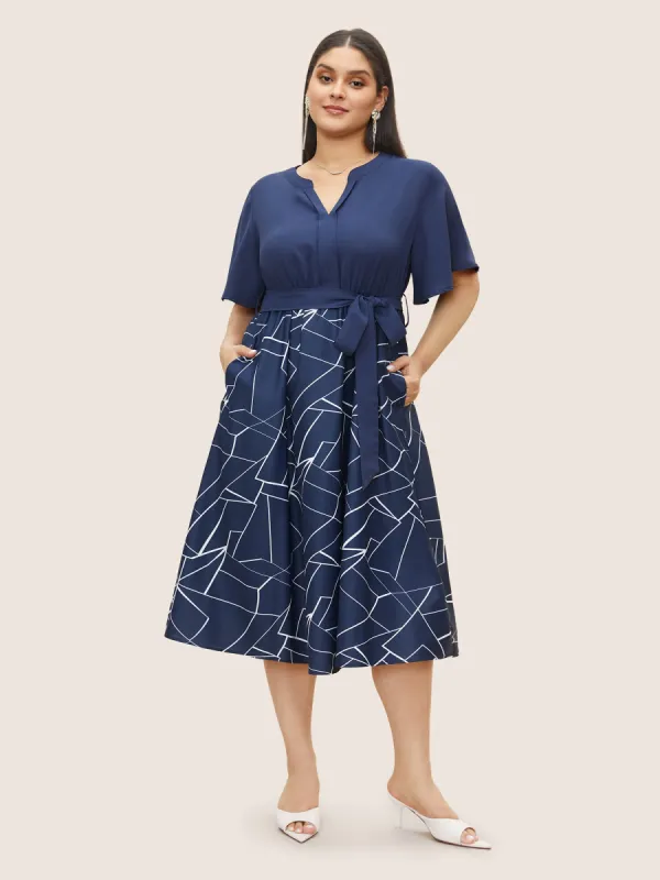 Geometric Flat Collar With V Notch Belted Dress sold by Bloomchic