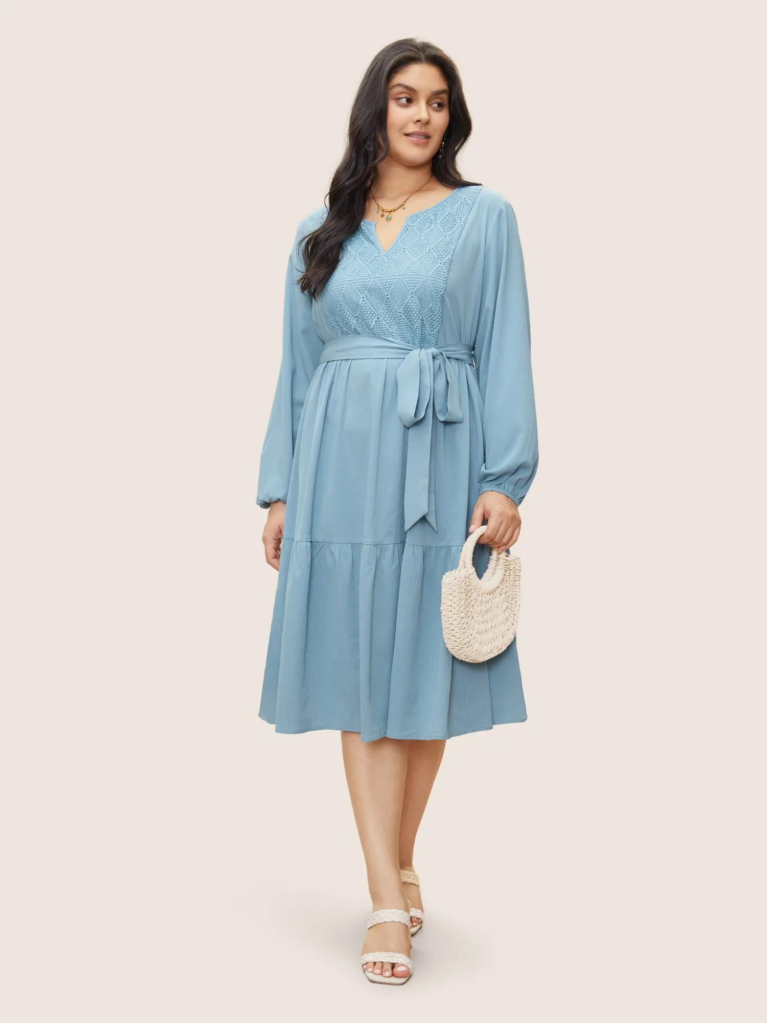 Geometric Hollow Out Notched Ruffle Layered Hem Dress sold by Bloomchic product image thumbnail 3