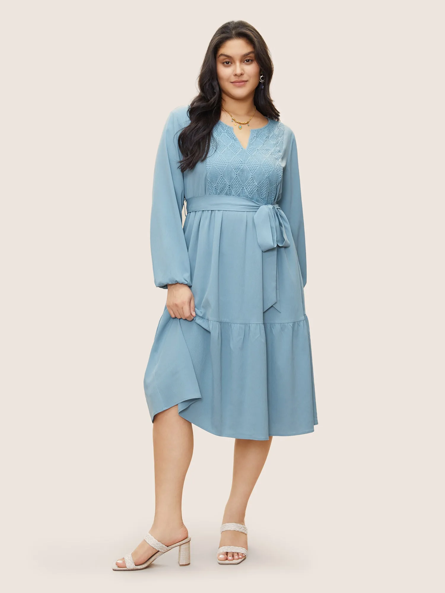 Geometric Hollow Out Notched Ruffle Layered Hem Dress sold by Bloomchic