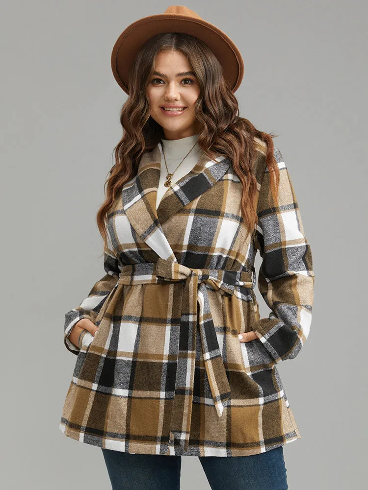 Plaid Contrast Belted Lapel Collar Coat sold by Bloomchic