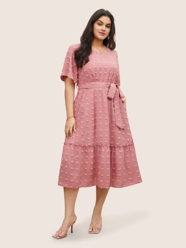 Solid Textured Patchwork Frill Trim Belted Dress sold by Bloomchic