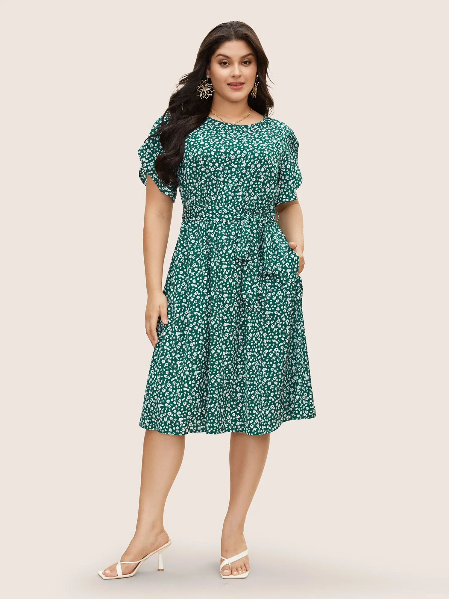 Tulip Sleeved Round Neck Midi Dress sold by Bloomchic