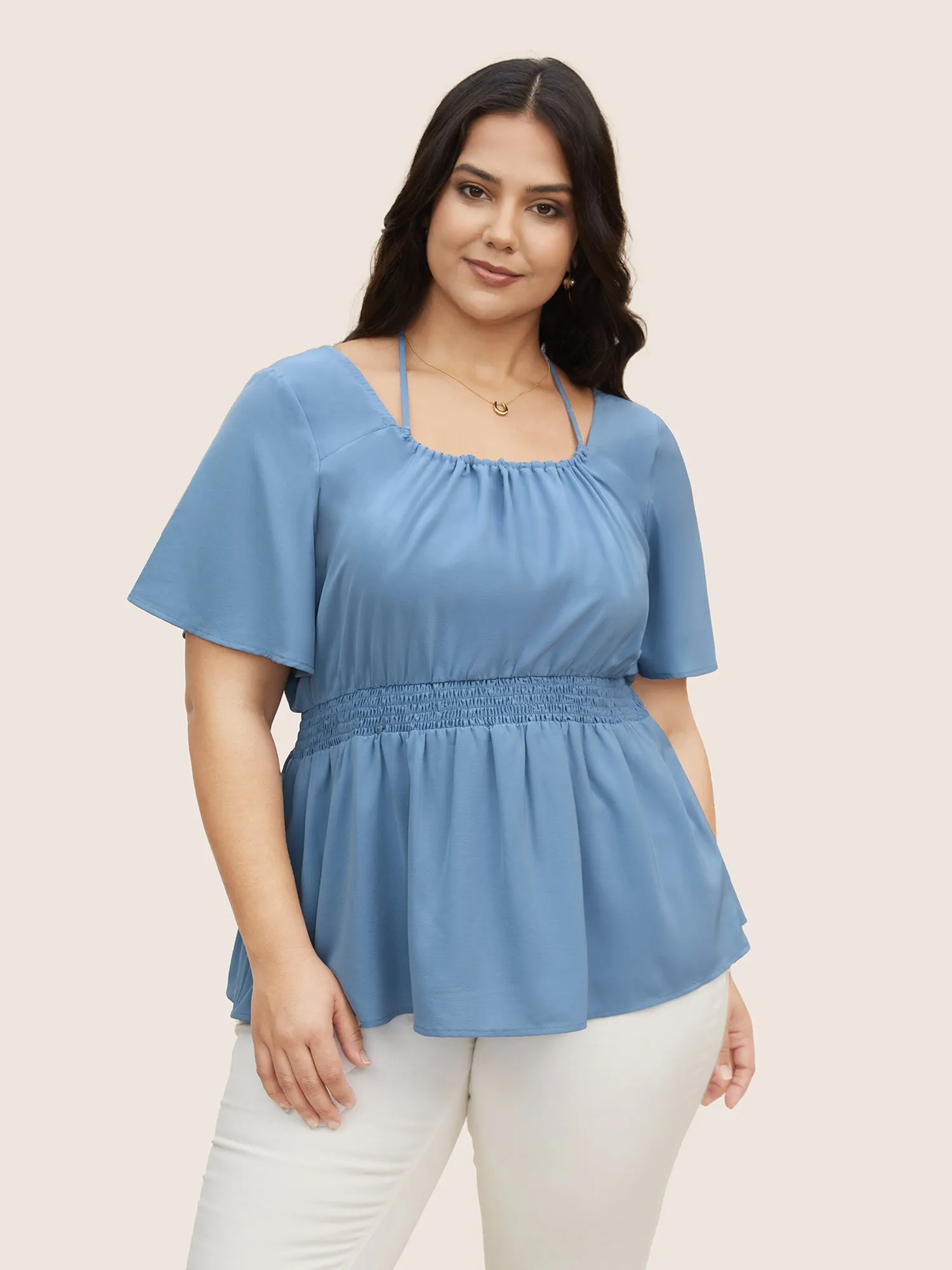 Plain Halter Neck Shirred Tie Knot Blouse sold by Bloomchic