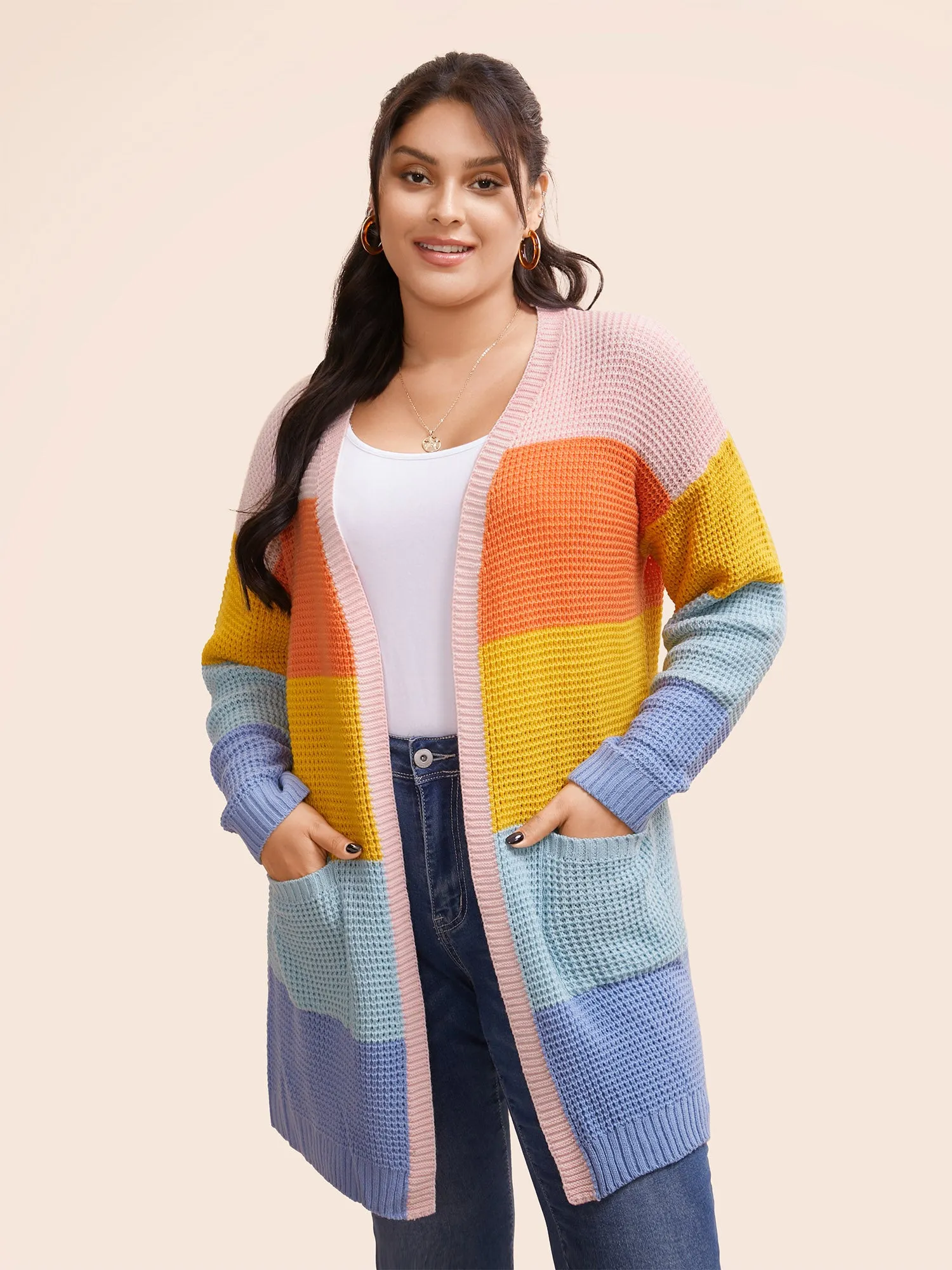 Colorblock Contrast Drop Shoulder Pocket Cardigan sold by Bloomchic