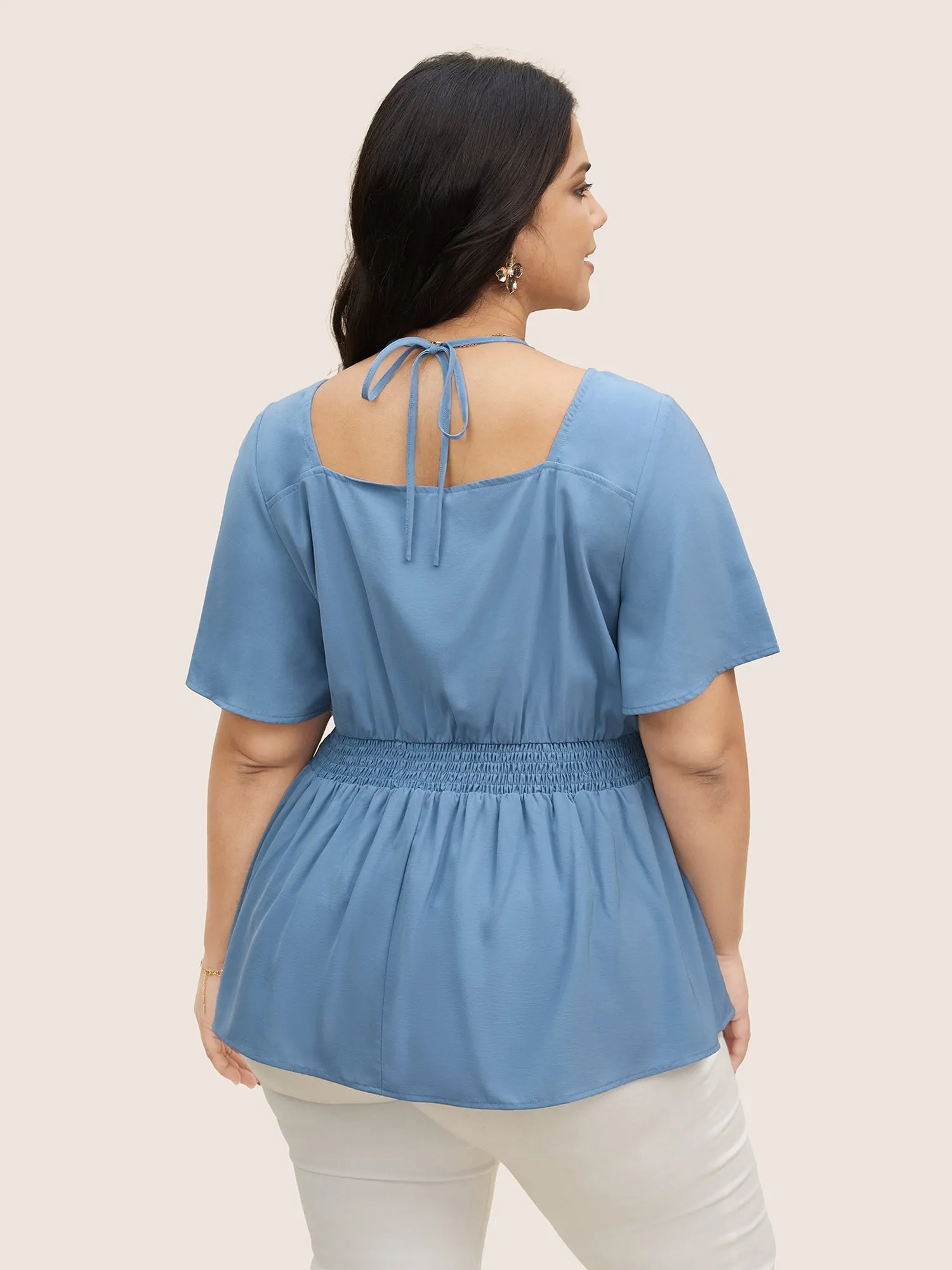 Plain Halter Neck Shirred Tie Knot Blouse sold by Bloomchic product image thumbnail 4