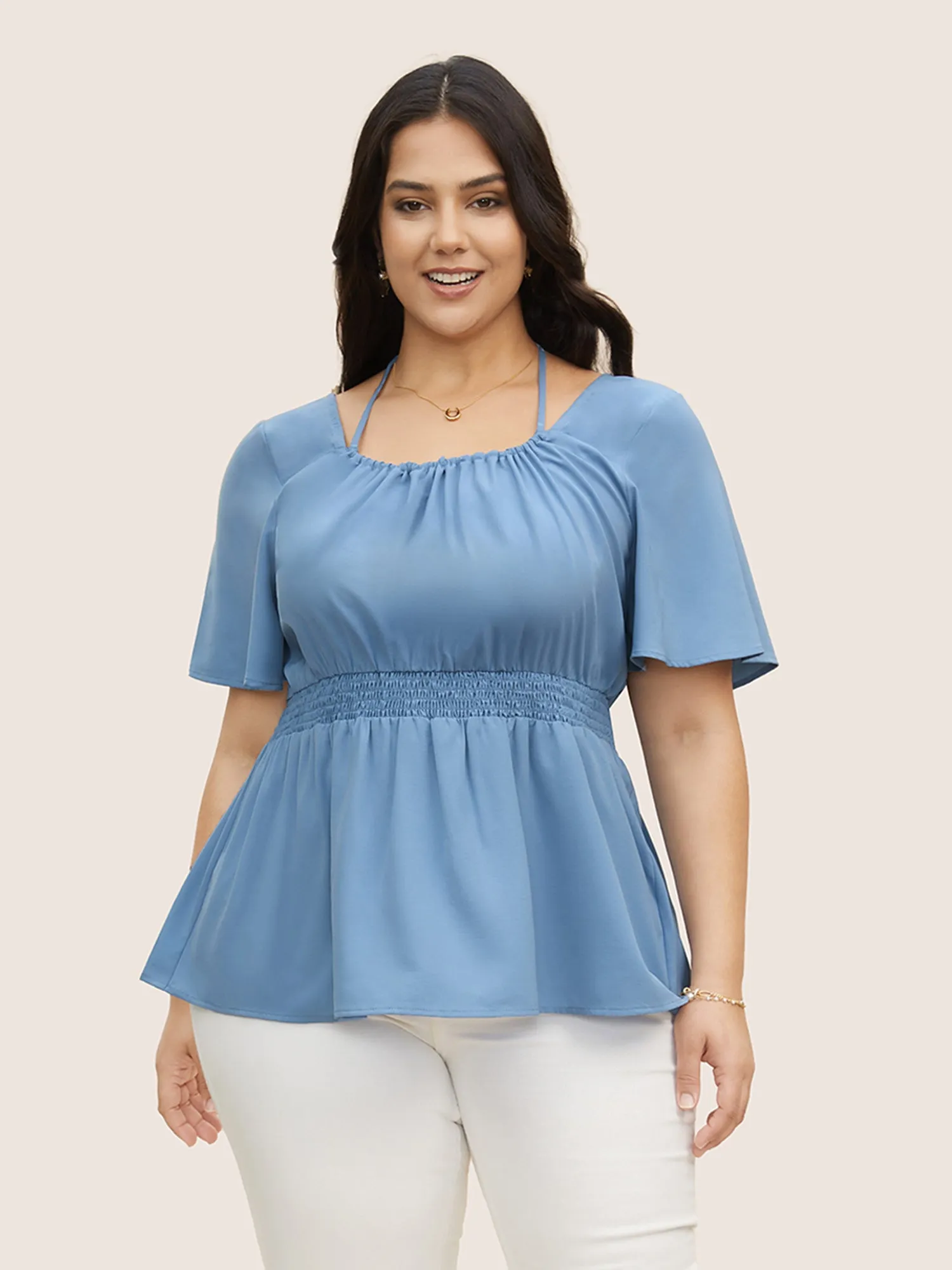 Plain Halter Neck Shirred Tie Knot Blouse sold by Bloomchic product image thumbnail 3