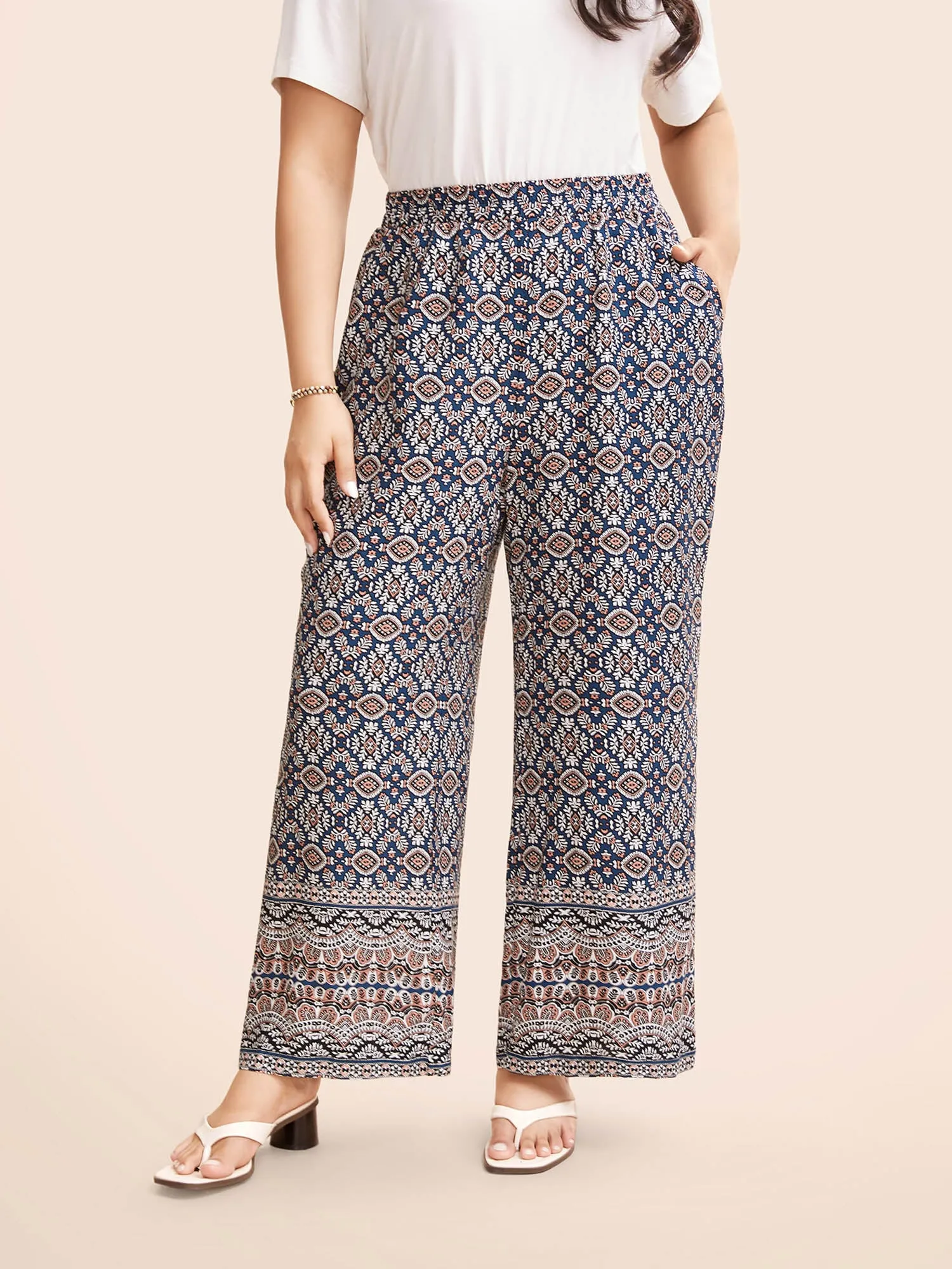 Boho Print Elastic Waist Wide Leg Pants sold by Bloomchic