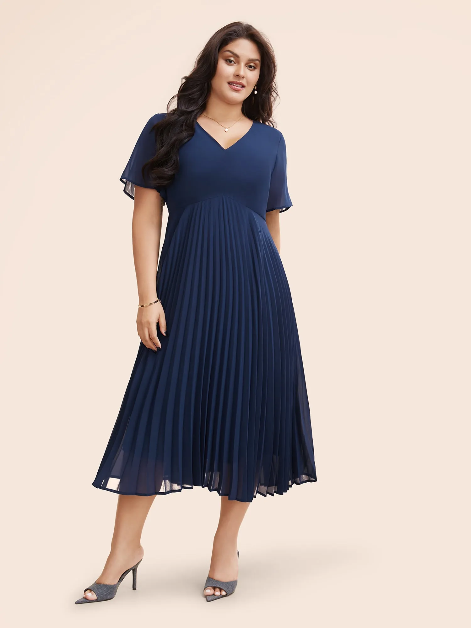 Solid Chiffon Pleated Ruffle Sleeve Dress sold by Bloomchic product image thumbnail 2