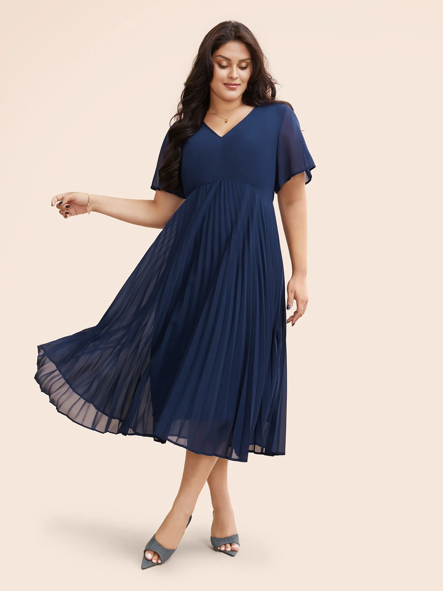 Solid Chiffon Pleated Ruffle Sleeve Dress sold by Bloomchic