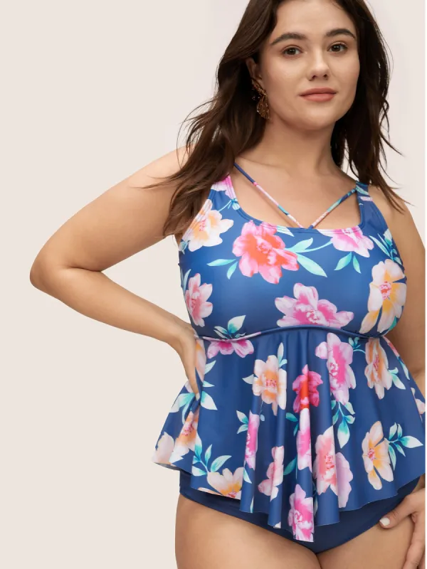 Floral Ruffle Hem Adjustable Straps One Piece Swimsuit sold by Bloomchic
