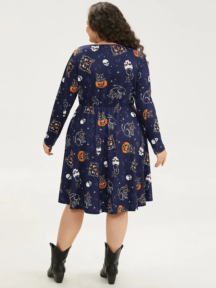 Halloween Cat & Pumpkin Print Elastic Waist Dress sold by Bloomchic product image thumbnail 2