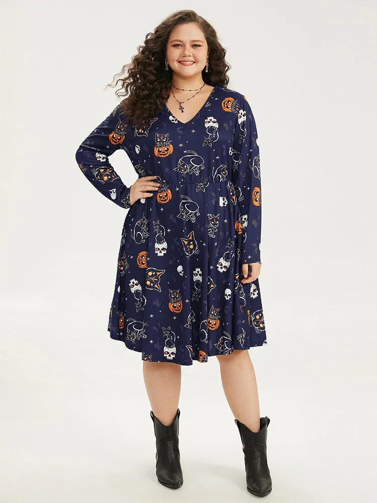 Halloween Cat & Pumpkin Print Elastic Waist Dress sold by Bloomchic product image thumbnail 5