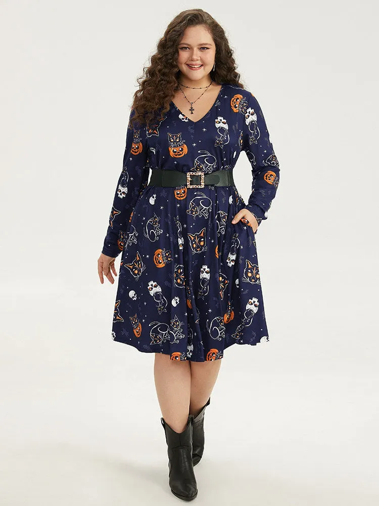 Halloween Cat & Pumpkin Print Elastic Waist Dress sold by Bloomchic product image thumbnail 4