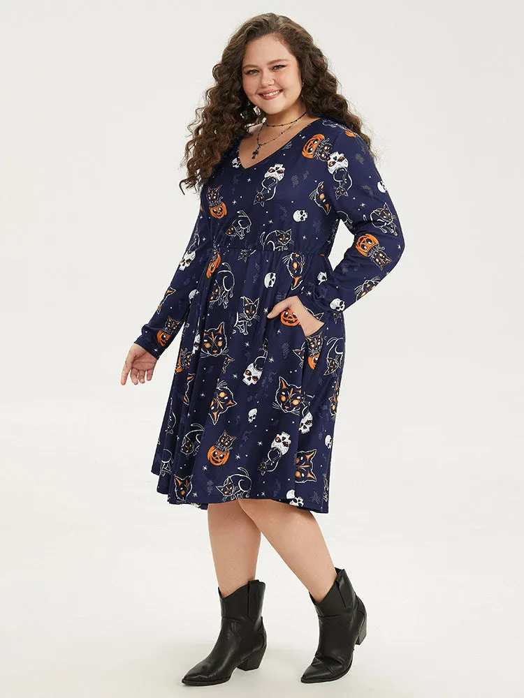 Halloween Cat & Pumpkin Print Elastic Waist Dress sold by Bloomchic product image thumbnail 3