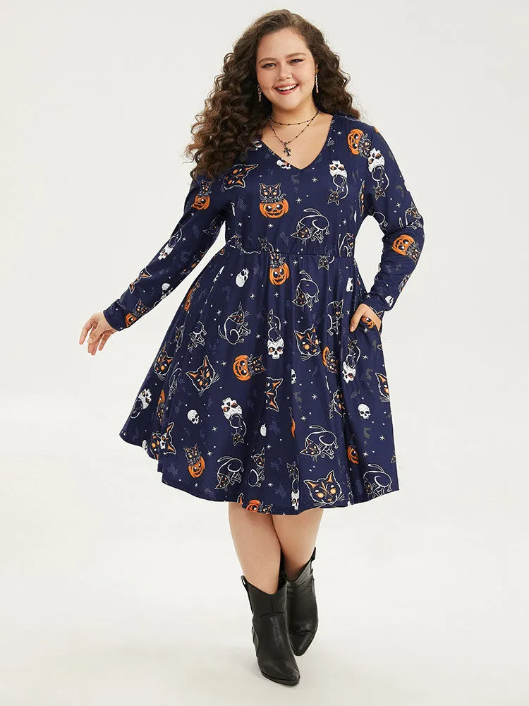 Halloween Cat & Pumpkin Print Elastic Waist Dress sold by Bloomchic