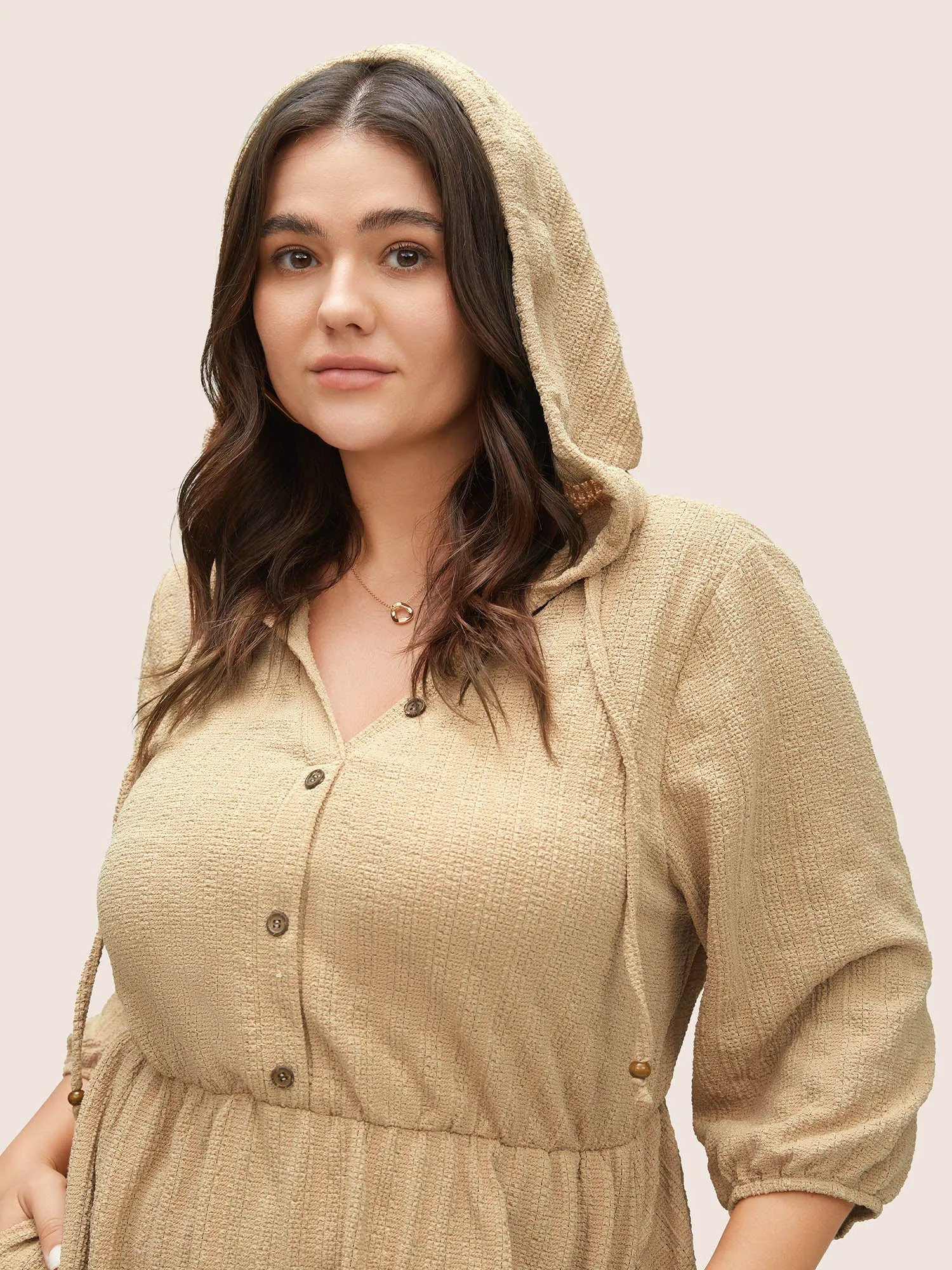 Plisse Hooded Pocket Button Detail Ties Dress sold by Bloomchic product image thumbnail 4