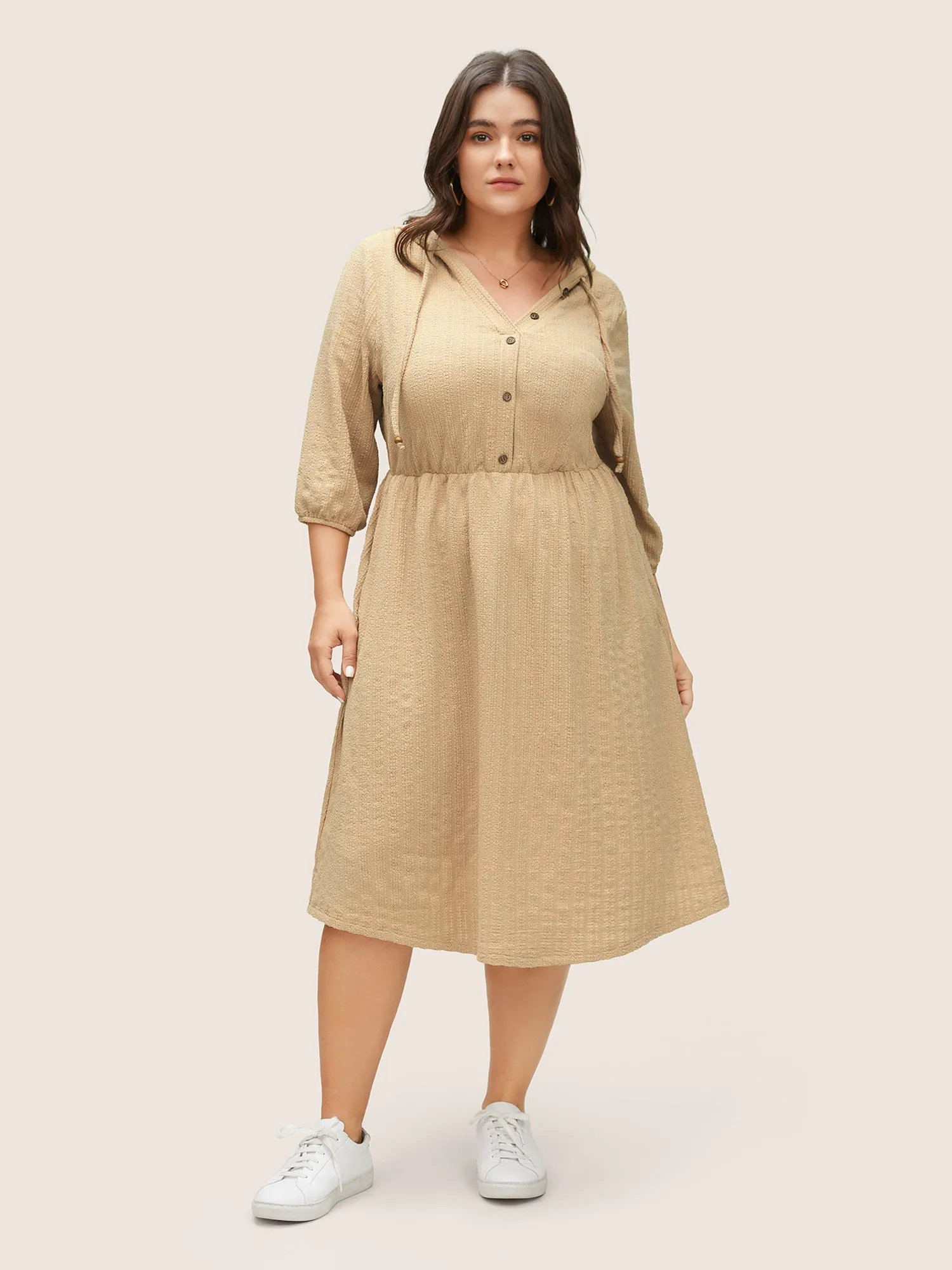 Plisse Hooded Pocket Button Detail Ties Dress sold by Bloomchic