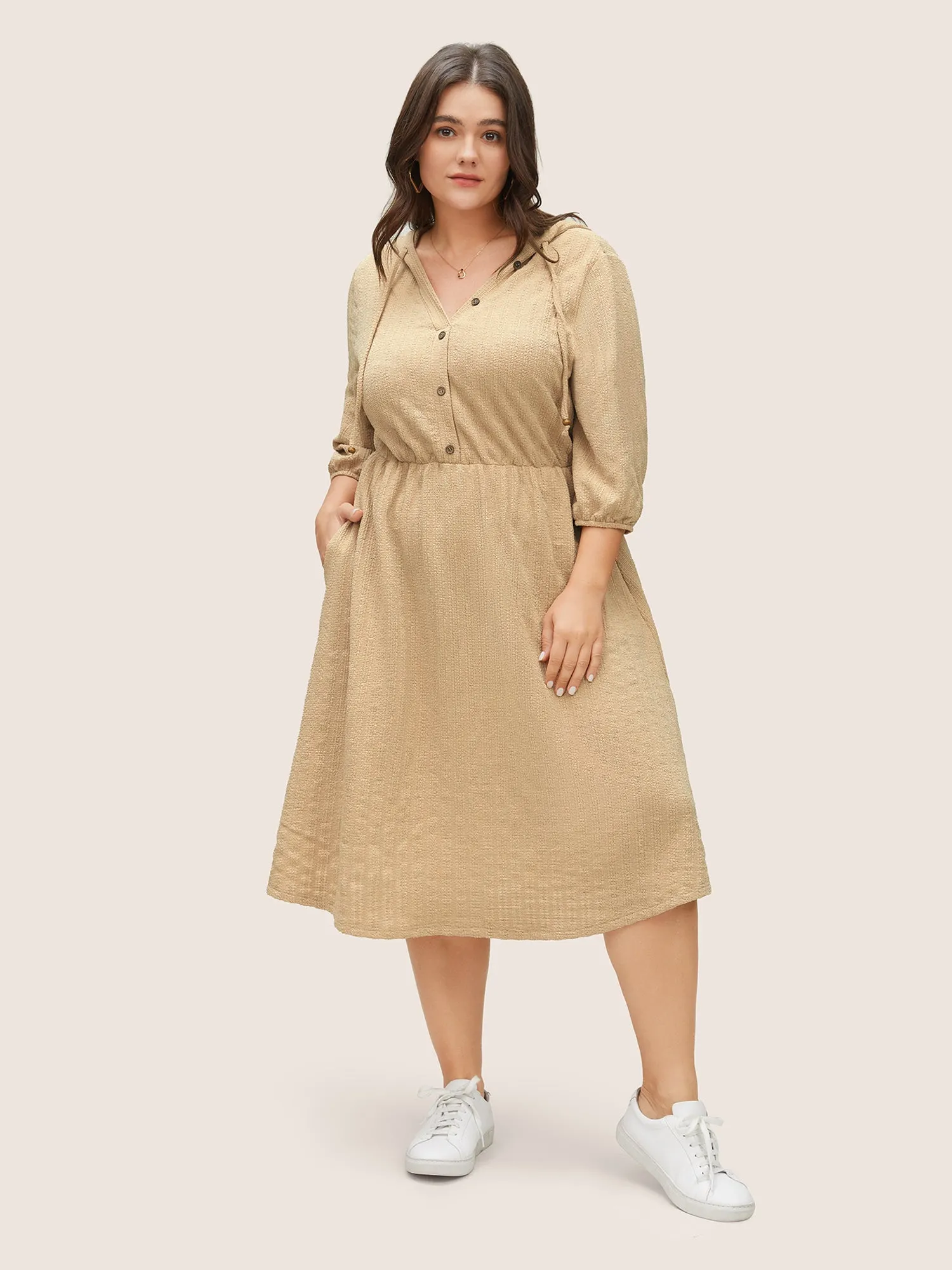 Plisse Hooded Pocket Button Detail Ties Dress sold by Bloomchic product image thumbnail 2