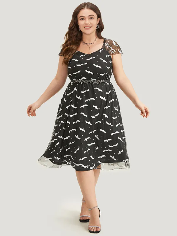 Halloween Bat Print Mesh Square Neck Dress sold by Bloomchic