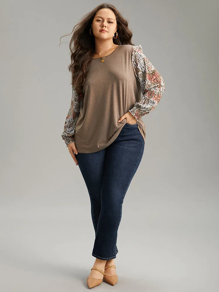 Floral Print Shirred Cuffs Ruffle Trim T-shirt sold by Bloomchic product image thumbnail 4