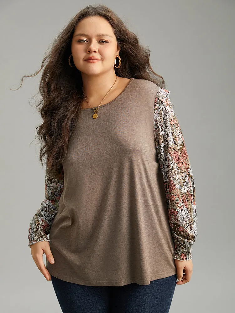 Floral Print Shirred Cuffs Ruffle Trim T-shirt sold by Bloomchic