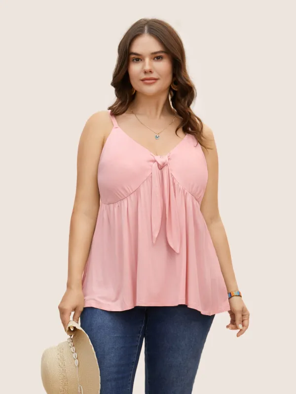 V Neck Solid Tie Knot Shirred Cami Top sold by Bloomchic