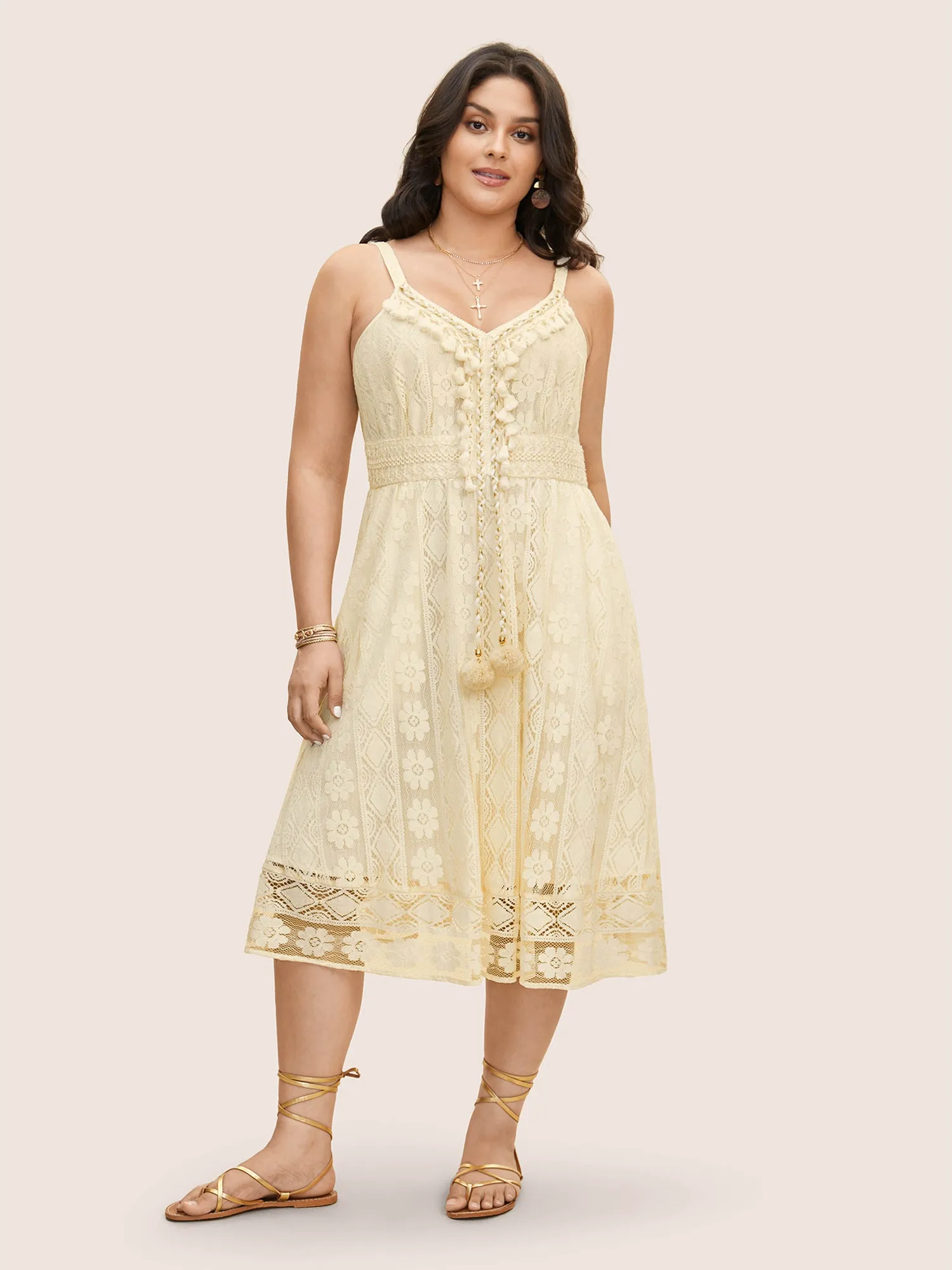 Lace Panel Fluffy Ball Patchwork Tassel Trim Dress sold by Bloomchic product image thumbnail 4