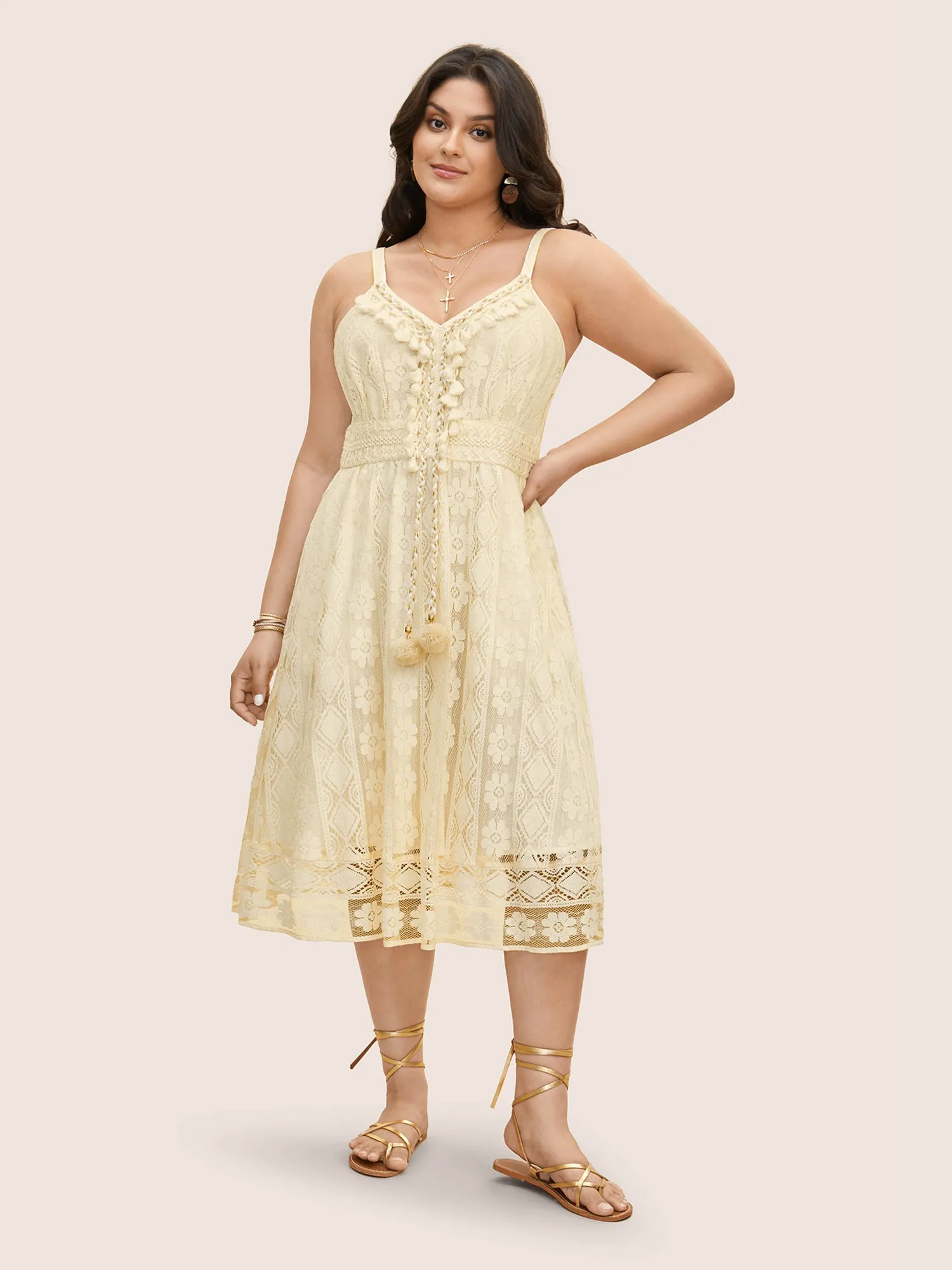 Lace Panel Fluffy Ball Patchwork Tassel Trim Dress sold by Bloomchic